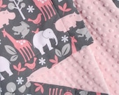 Minky Baby Blanket for your Baby Girl - Michael Miller Bloom Zoology with Light Pink Minky - Ready to Ship