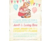 Digital PRINTABLE Vintage Kitty Celebrate Birthday Tea Party Girl Daughter Princess Children Baby Shower Nursery Invitation Cards Sheet IN47