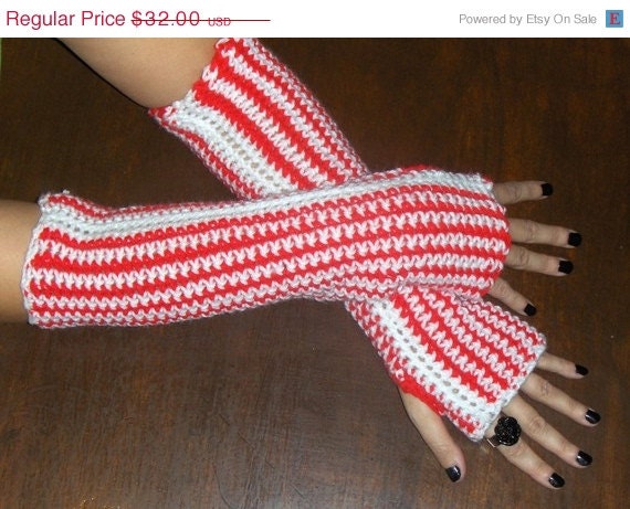 JuNe SaLe -- Candy Stripes Candy Cane Red and White striped Long Arm Warmers, Fingerless Gloves