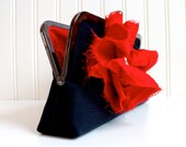 Bridal Party Wedding Clutch Black with Bright Red Ruched Flower and Vintage Rhinestone- Ready to Ship