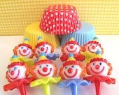 Circus Clown Cupcake Kit. Set of 24 Picks, 48 Liners. Birthday Party, Baby Shower, Picnic, Cupcake Liners Toppers Picks