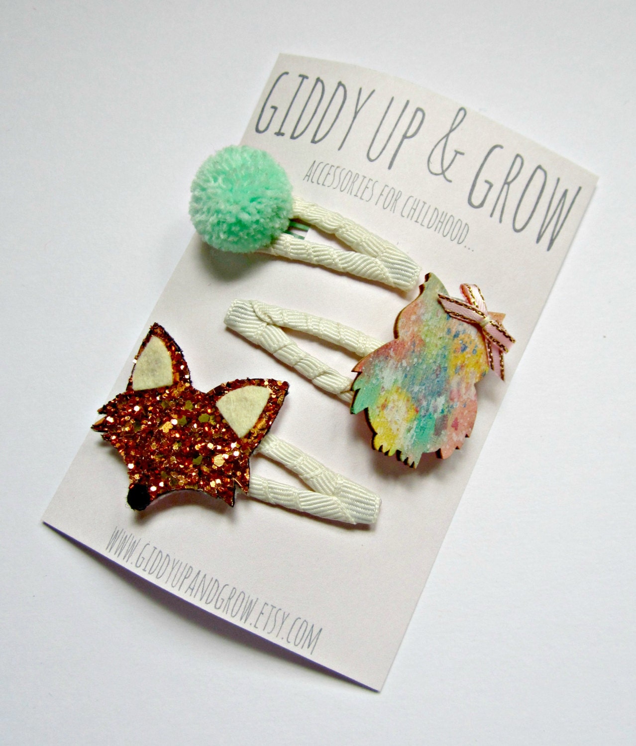 Woodland Hair Clips - Owl and Fox hair clips, giddyupandgrow