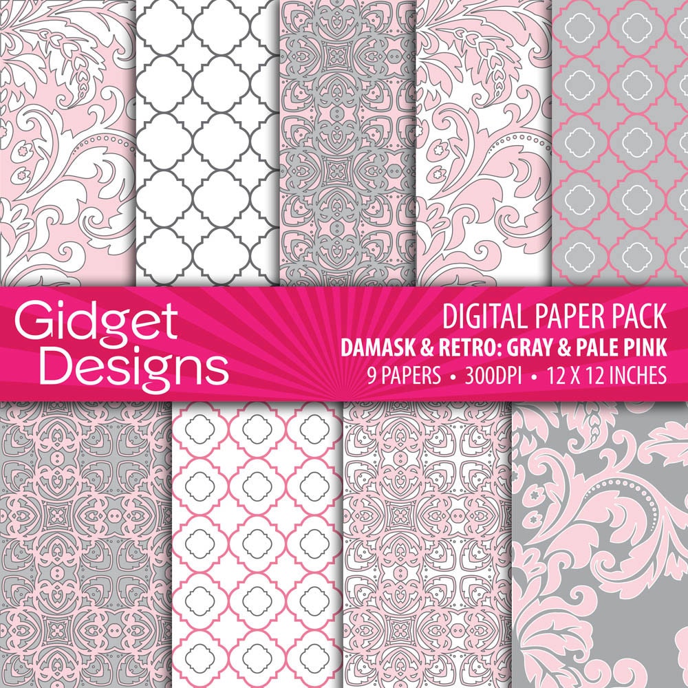 INSTANT DOWNLOAD Digital Paper Pack: Damasks & Retro - Pink / Grey