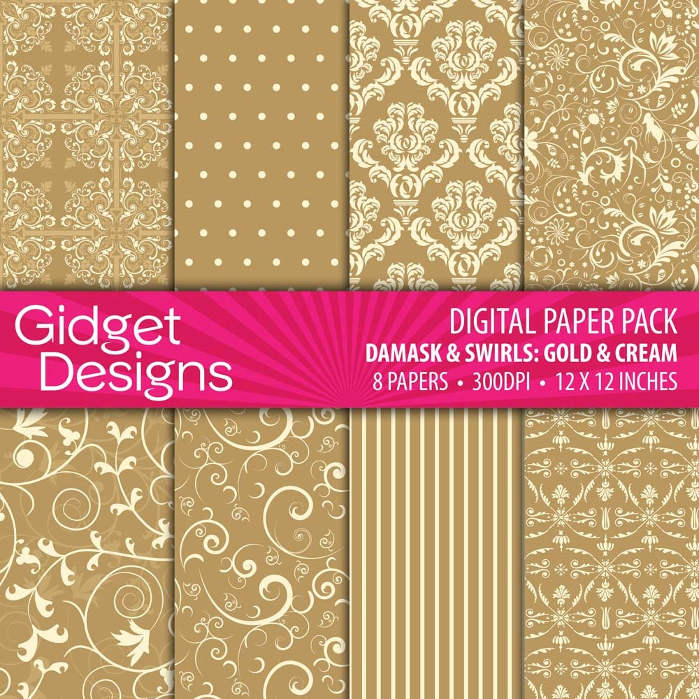 Digital Paper Pack: Damasks & Swirls - Gold and Cream