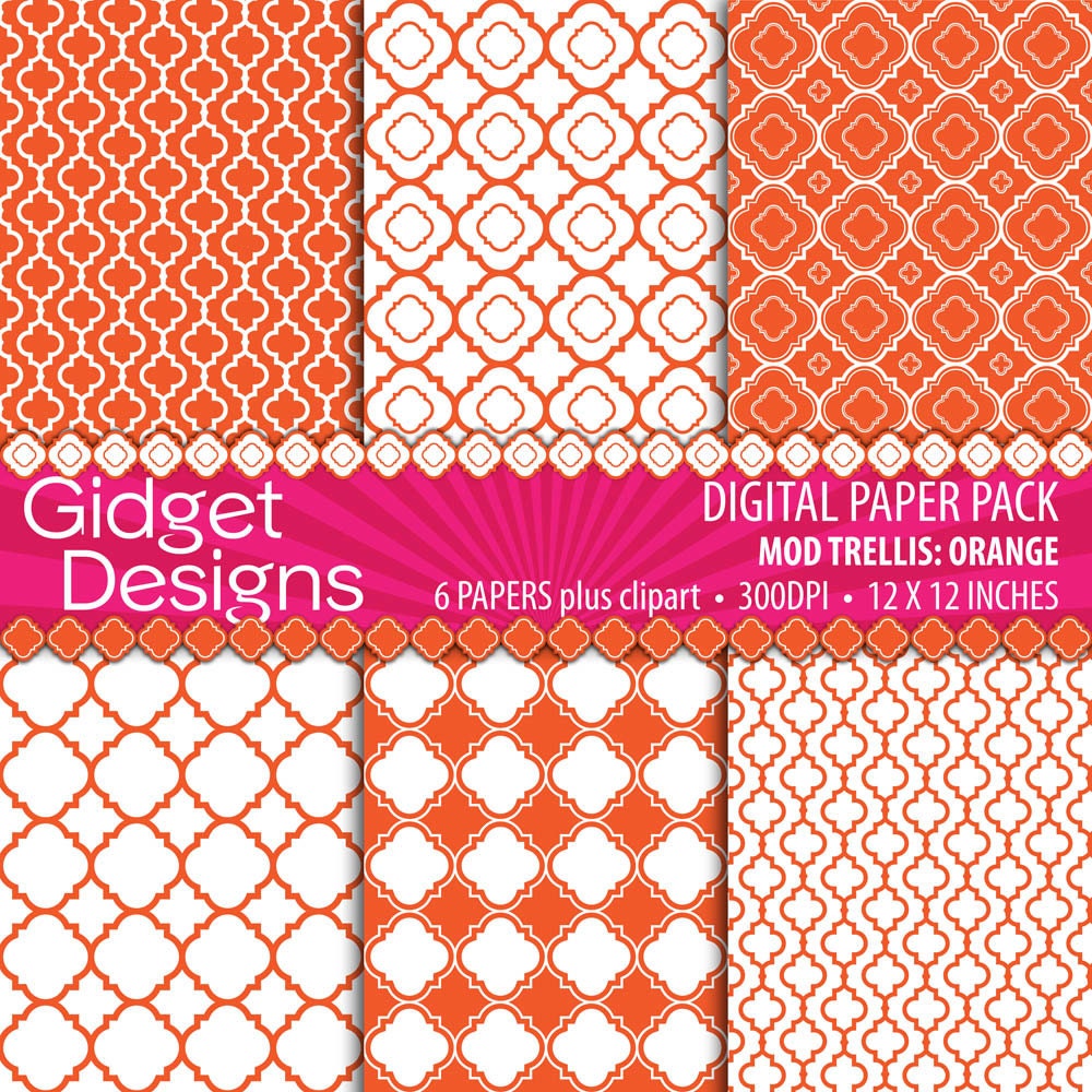 Digital Paper Pack: Mod Trellis Pattern in Orange - PLUS CLIPART instant download