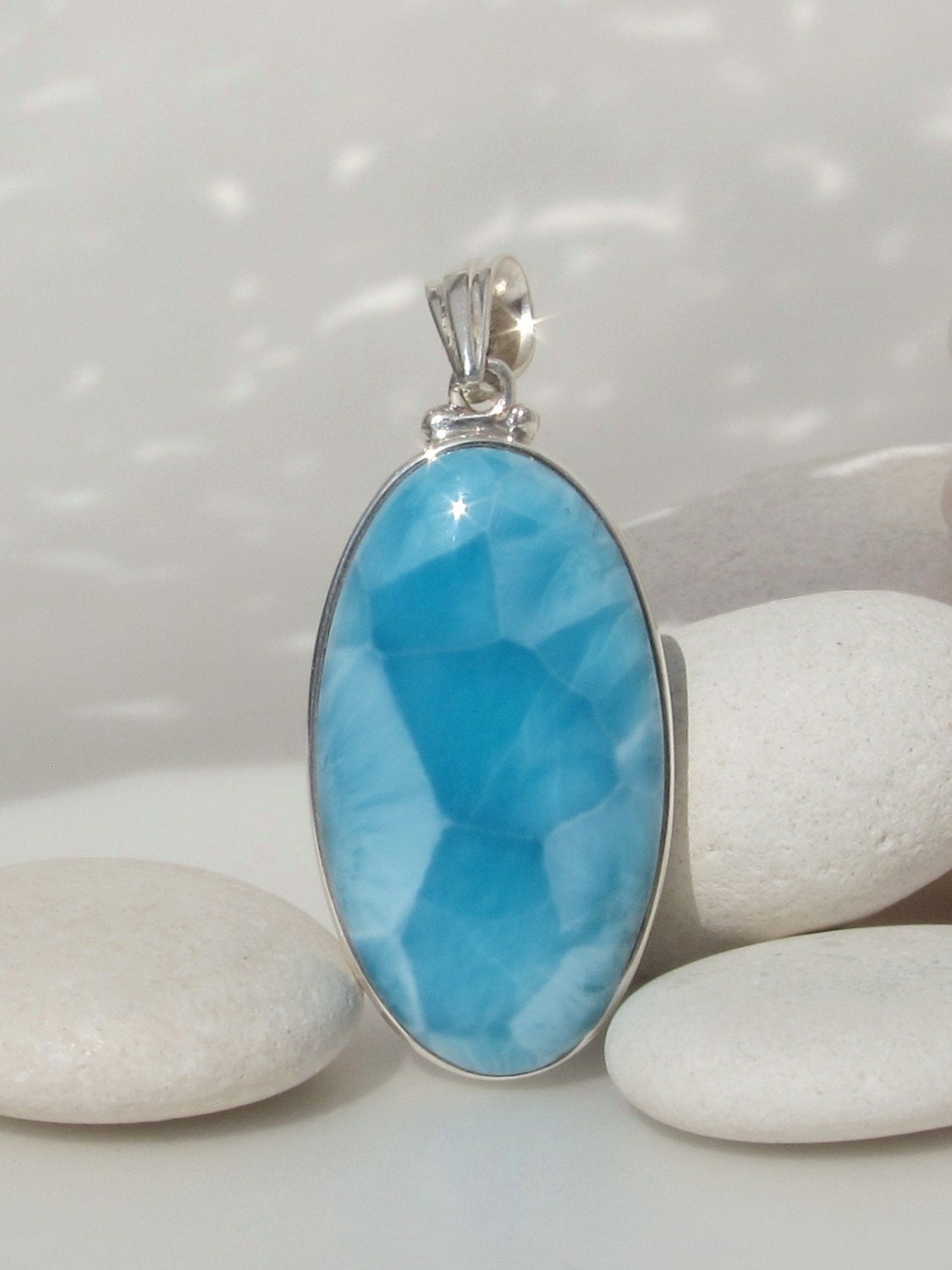 Larimar stone pendant, Mermaid Flowers - poetic shiny turquoise blue Larimar stone