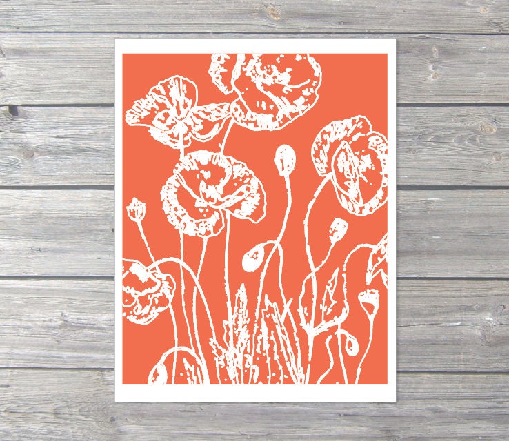 Poppies Digital Print Spring Summer Flowers Coral Nectarine Floral Botanical Modern Home Decor