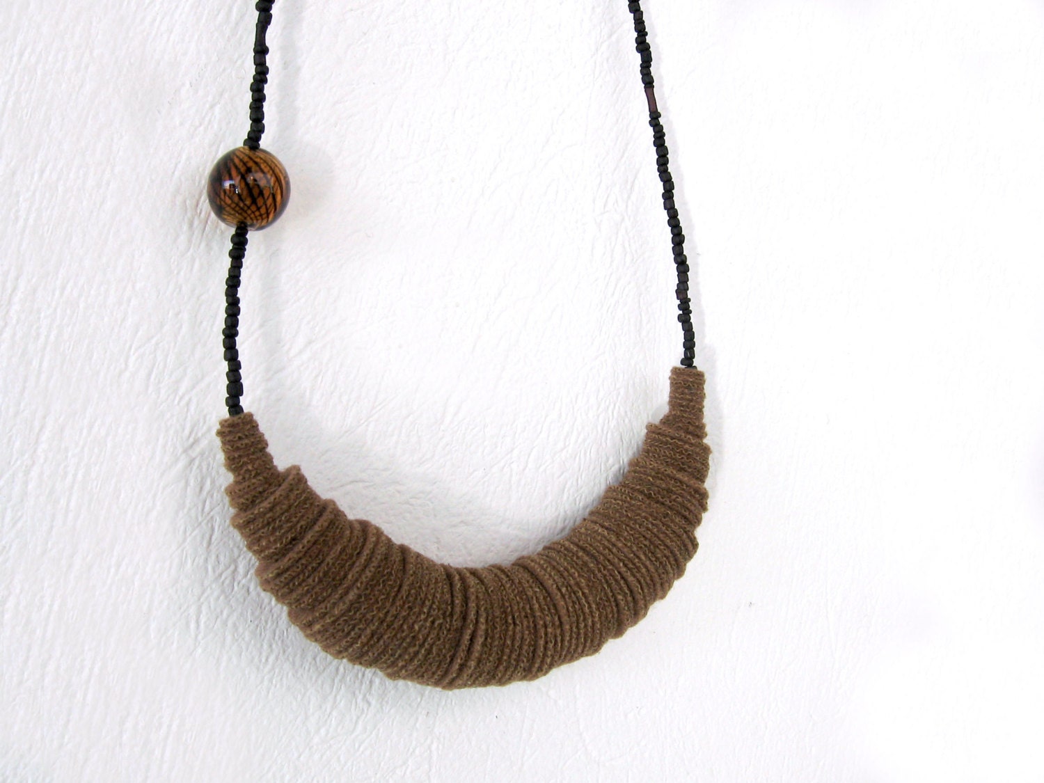 minimal bold brown felt necklace with black beads - contemporary jewelry
