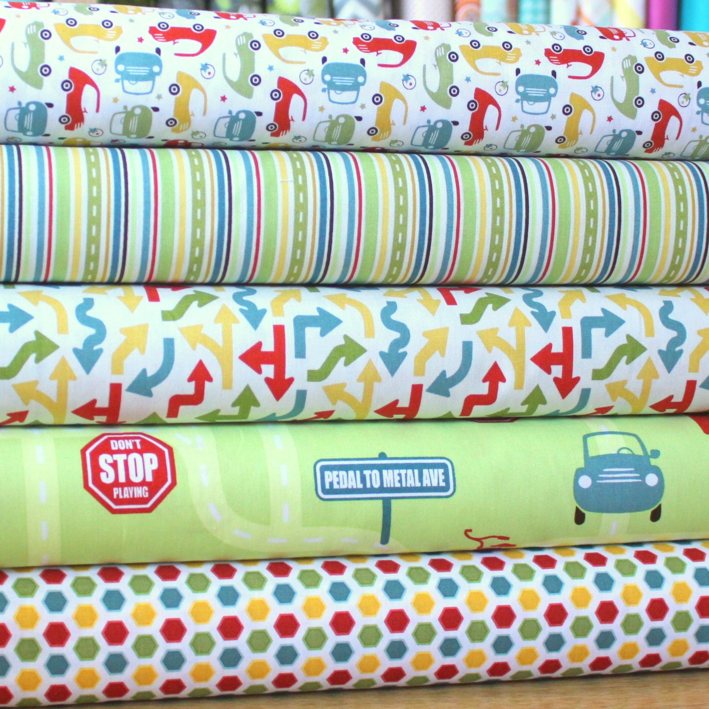 Green Red and Blue Car Fabric, Cruiser By Sherri Mcculley For Riley Blake, 1 Yard Bundle, 5 Prints, 5 Yards Total