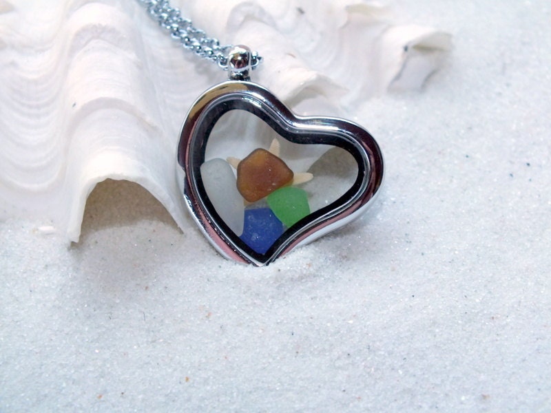 Beach Glass Sea Glass Heart Locket Pendant Floating Locket FREE SHIPPING
