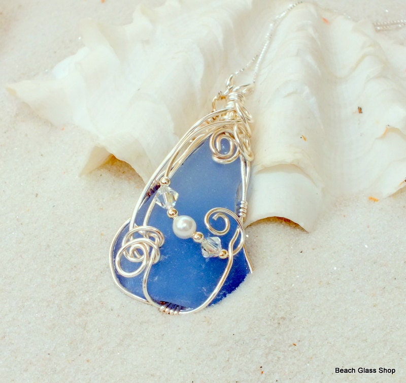 Sea Glass Beach Glass Rare Cornflower Blue Wire Wrapped Necklace Lake Erie Cleveland Beach