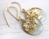 mint earrings with gold leaf and glitter on 14k gold filled earwires - resin drop earrings
