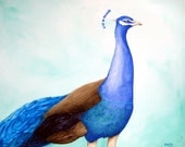 WatercolorPainting Peacock No.2 -16 x 20 inch Original Watercolor Painting -bright blue peacock with blue green background
