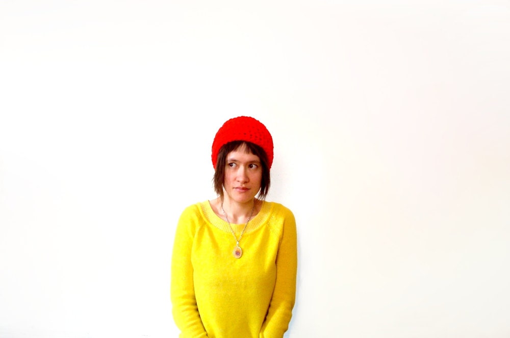 50% OFF SALE - bright red beanie - vegan crocheted - vintage yarn - Ready Handmade by dslookkin on Etsy