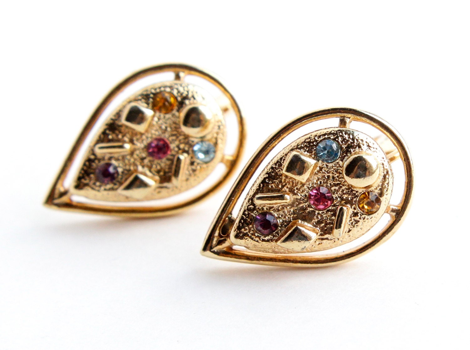 Vintage Rhinestone Clip On Earrings -  Signed Sarah Cov Gold Tone Rhinestone Costume Jewelry - Pastel Sarah Zade Teardrops