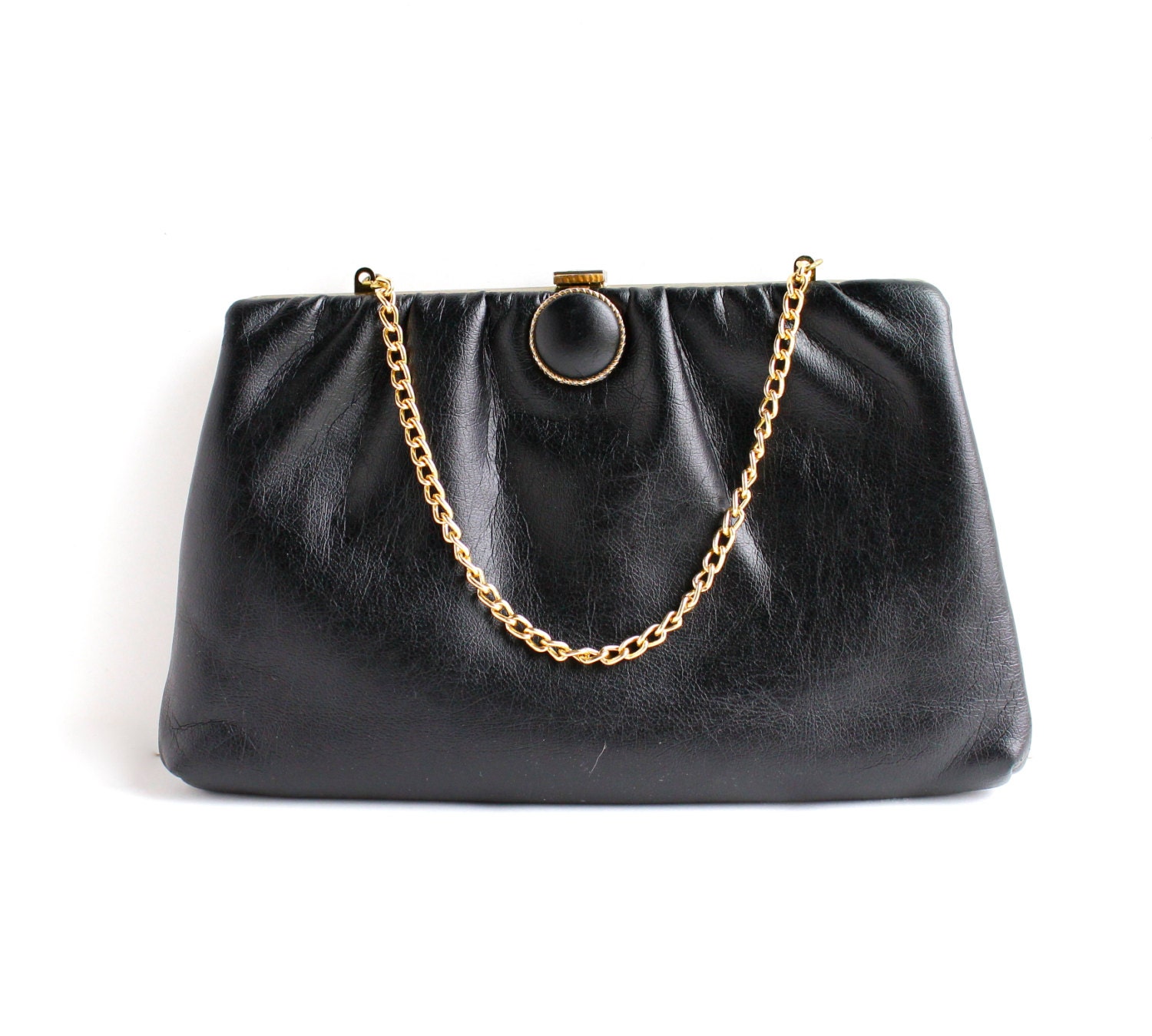 Vintage Black Purse - Retro 1960s Leather Handbag Chain Purse / Button Snap