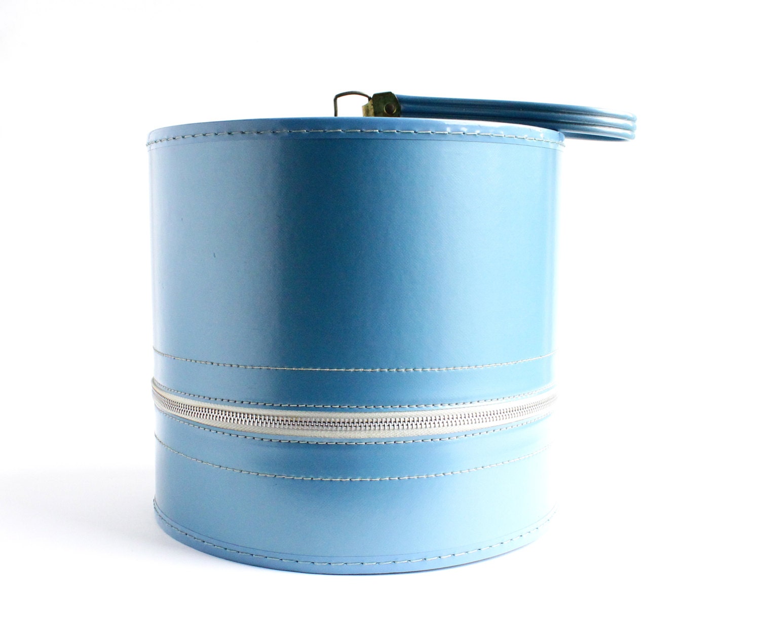 Vintage Blue Round Hat Box Travel Case / Retro 1960s Large Wig Traveling Tote / Mid Century Carry On Luggage