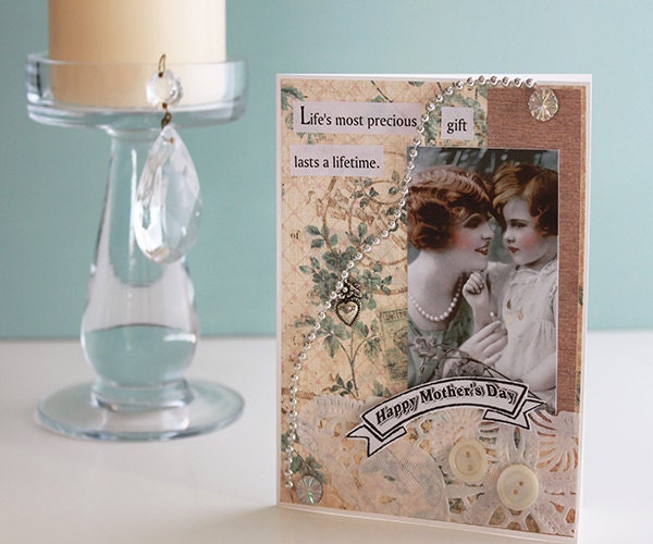 Handmade Nostalgic Mother's Day card with vintage image in shabby chic style mommy daughter retro romance silver pearls paper goods card