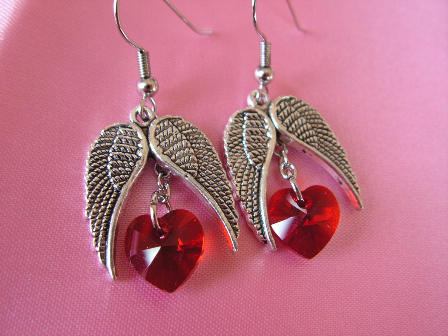 Wings of Love Red Swarovski Heart Dangle Earrings