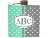 Mint & Grey Polka Dot Custom Personalized Monogram Flask Initials 21 Aloe Bridesmaid Gifts - Stainless Steel 6 oz Liquor Hip Flask LC-1012