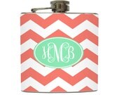 Coral Mint Chevron Monogram Flask Cursive Initial Personalized Striped Zig Zag Pattern - Stainless Steel 6 oz Liquor Hip Flask LC-1031
