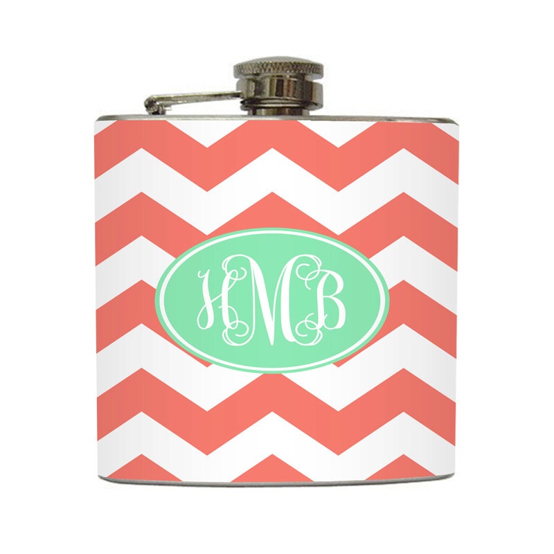 Coral Mint Chevron Monogram Flask Cursive Initial Personalized Striped Zig Zag Pattern - Stainless Steel 6 oz Liquor Hip Flask LC-1031