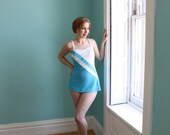 Sale Swimsuit Bathing Suit 1960s Vintage  60s Turquoise Blue White Skirt  S M Beach Party Tonight