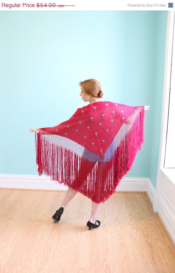 Sale Vintage Fringed Shawl Crochet Raspberry Embroidered Flowers