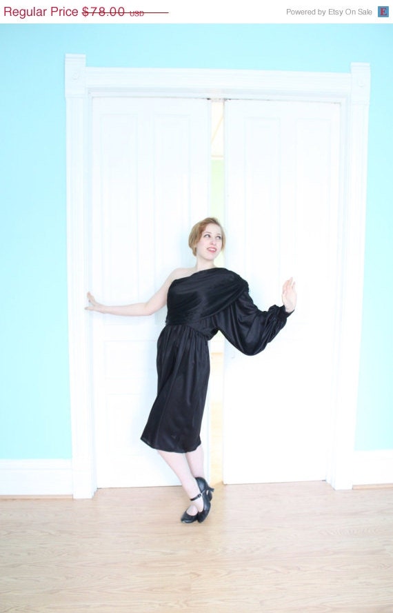 Sale Dress 1970s Vintage  70s ONE SHOULDER Black Sequins Draped L Xl Plus Size