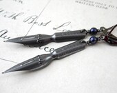Pen Nib Steampunk Vintage Earrings Swarovski Purple Pearl - THE MIDNIGHT WRITER - steampunk wedding bridesmaids - steel gunmetal Etsy uk