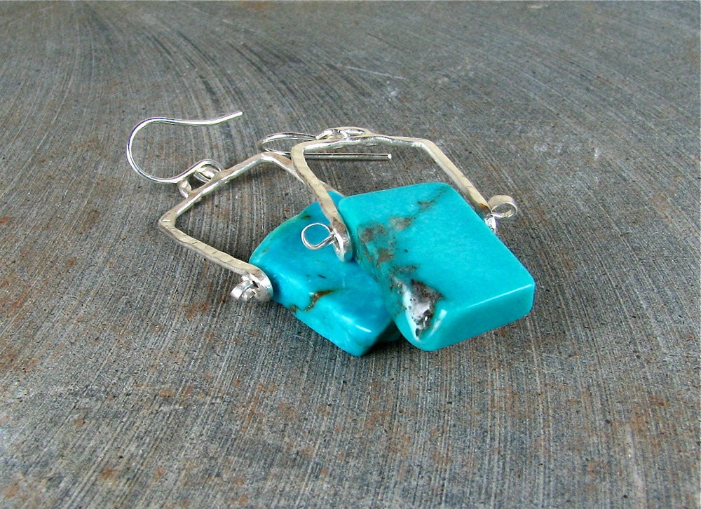 Turquoise slab stone silver handmade artisan earrings one of a kind