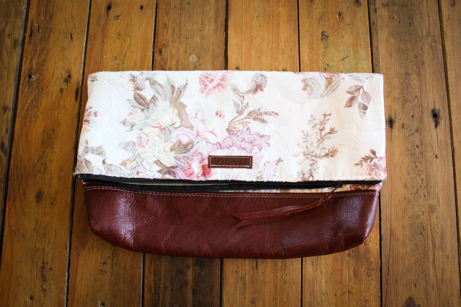 NZFINCH dark red leather, vintage floral foldover clutch, laptop cover, fully lined with zip close
