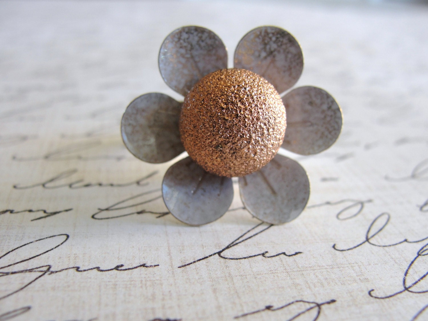 adjustable shabby chic  floral ring with copper bead middle