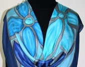 Hand Painted Silk Scarf Rainy Flowers. Scarf in Turquoise, Teal, Blue. Size LARGE: 34x34 square. Made in Colorado. 100% silk. MADE to ORDER.