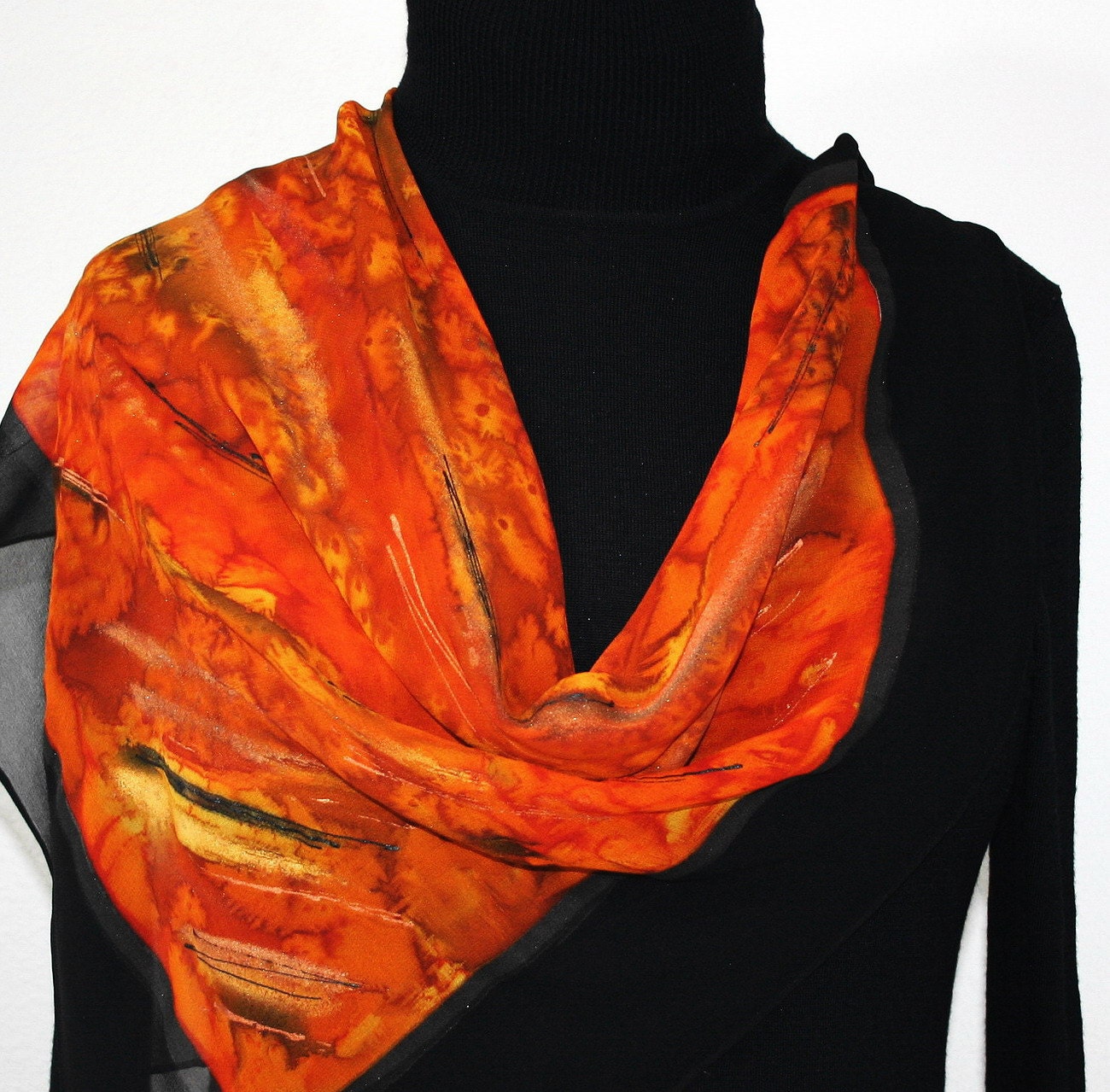 Hand Painted Silk Scarf Crushed Amber. Scarf in Orange, Terracotta, Black. Size 30x30. Silk Scarves Colorado. 100% silk. MADE TO ORDER