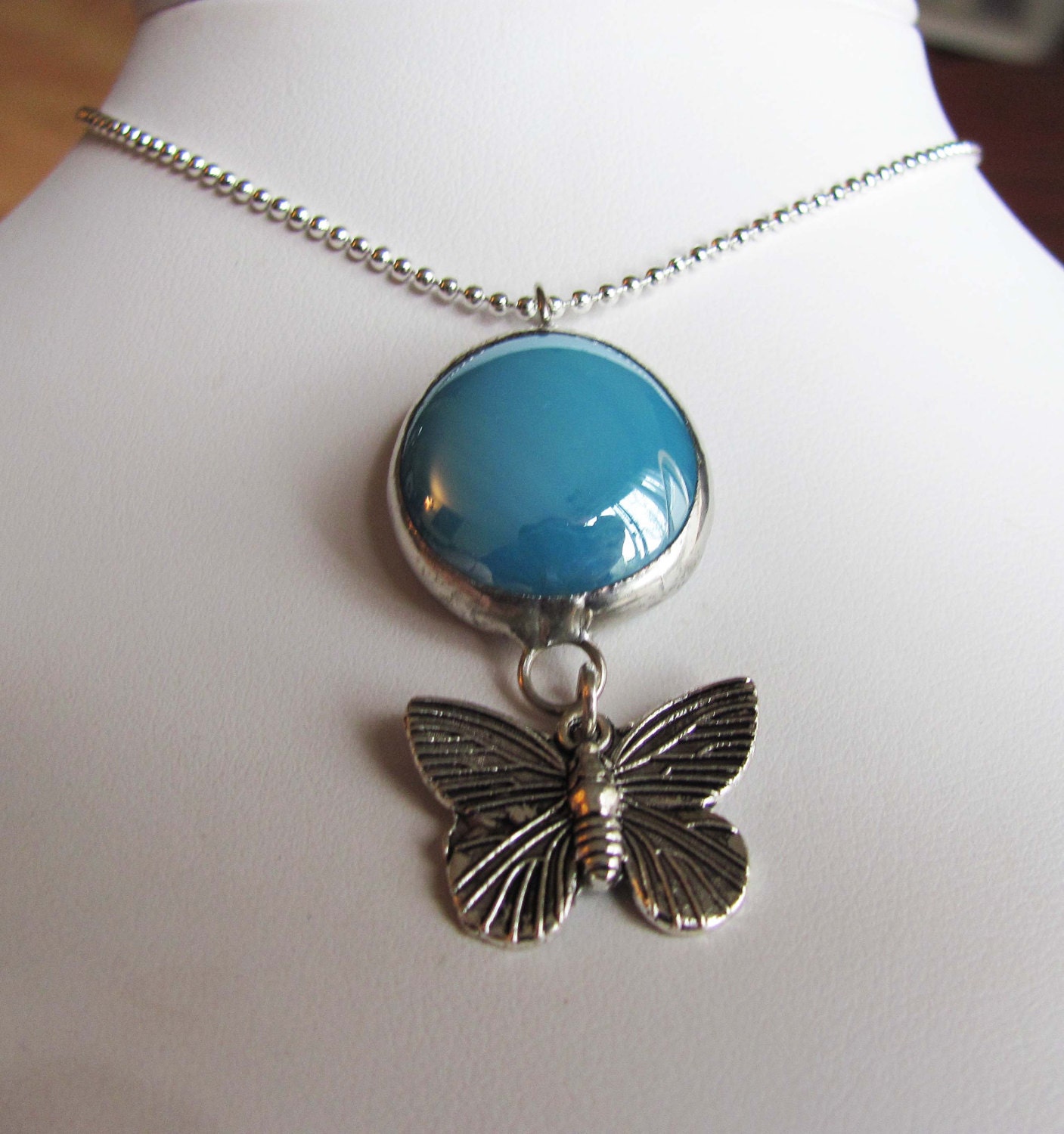 ON SALE Cute Light Blue and Butterfly Necklace, Glass Drop, Glass Pendant, Handmade, Drop Necklace, Beaded Pendant