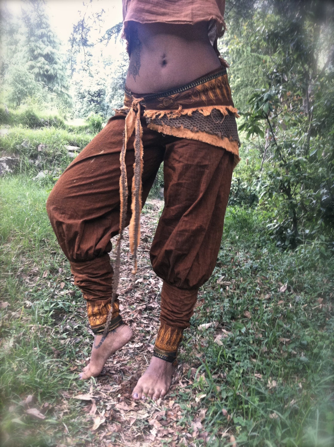 Ethnic Egyptian Ornament  Embroidery pure cotton Pants with separate belt terraccota Brown