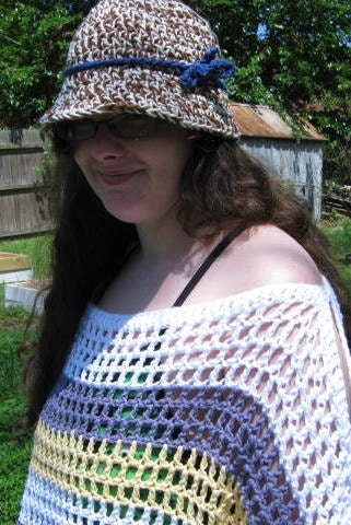 Crochet cotton tweed sun hat with blue tie adult size