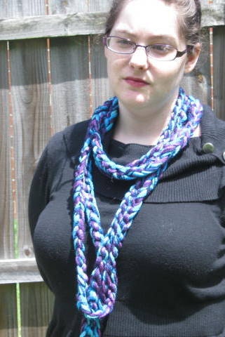 Braided skinny scarf, super long, blue and purple