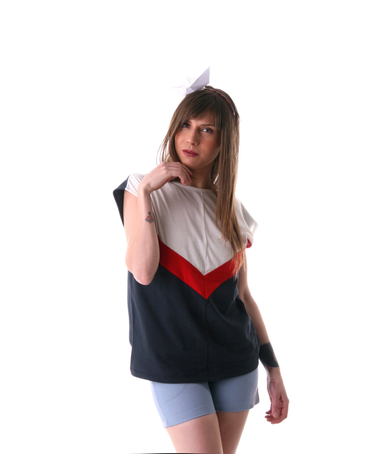 New collection, Retro style striped Tshirt, Women blue,white and red top, Summer fashion