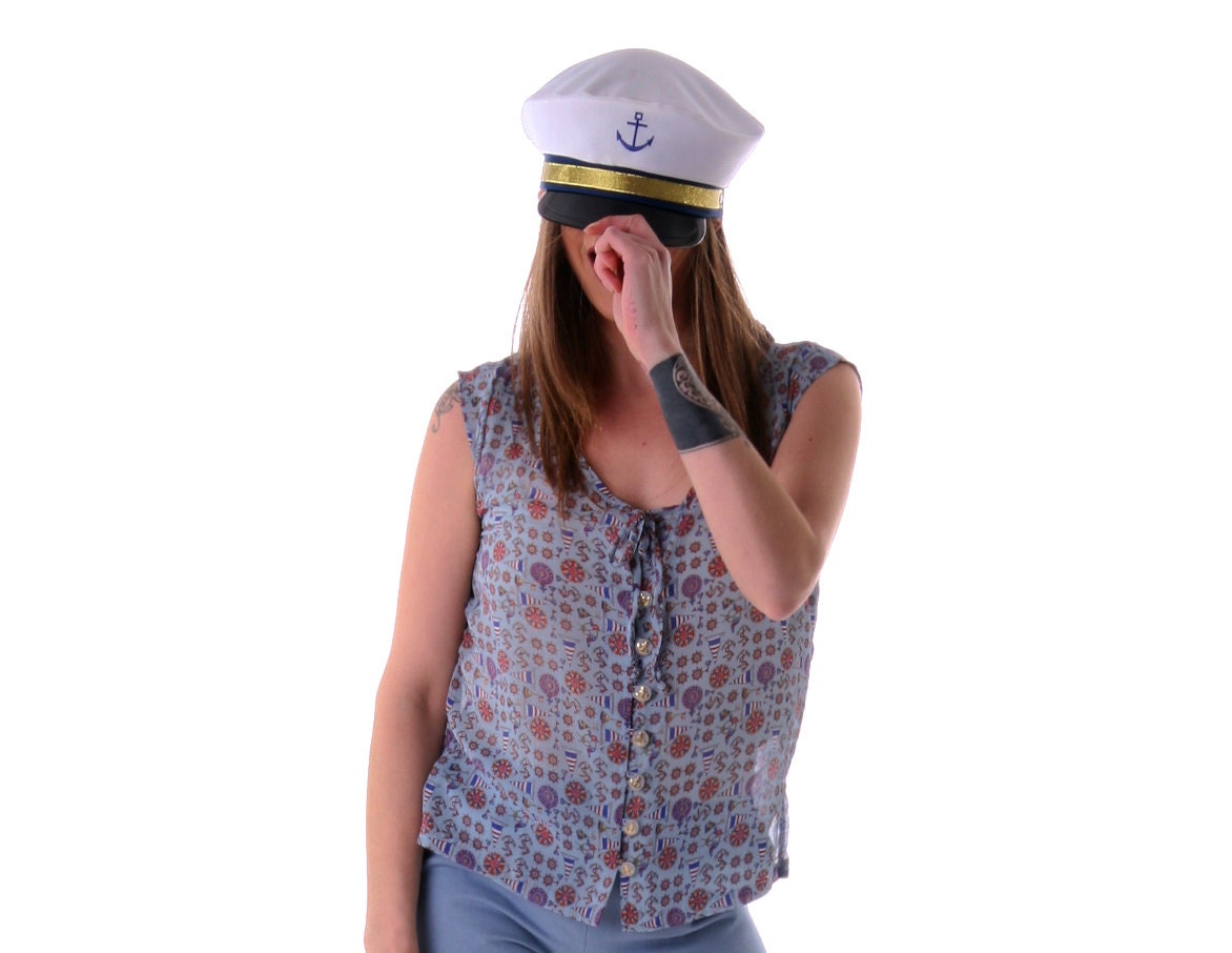 Anchor printed women top, Buttoned down sleevless chiffon blouse