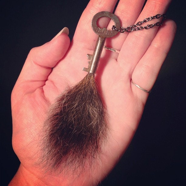Time Traveler Series: Real Squirrel Tail Tipped Antique Key Pendant Necklace