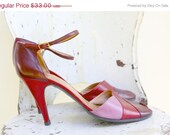 30% OFF. 1960's. nina. red. pink. peep toe. strap. vintage heels. Sz 8.