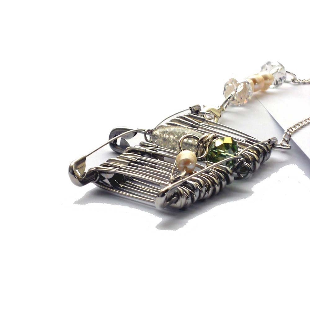 Safety pins necklace Bib silver with freshwater pearls and faceted crystal beads for her - one of a kind - OOAK