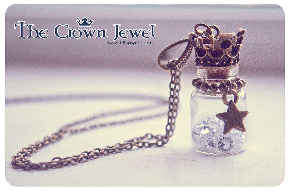 Crown jewel glass Bottle necklace. CUSTOM Diamonds COLOR. vial necklace. glass Bottle Pendant. miniature bottle. bronze necklace