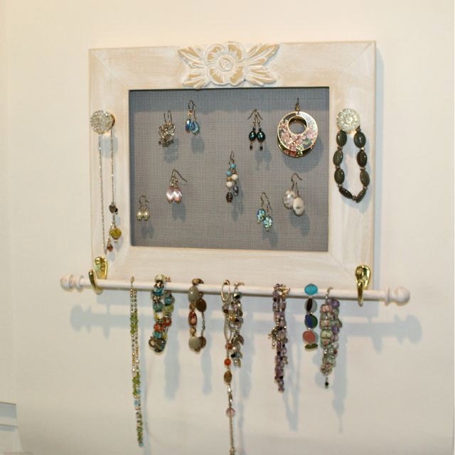Earring Jewelry Screen Holder Wall Mount Wood Frame in White for Bracelet Necklace Organization and Storage.