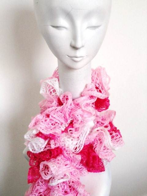 Hand Knit Ruffle Scarf - Knit Frilly Scarf - Ready To Ship - Pink-white - Dark Pink
