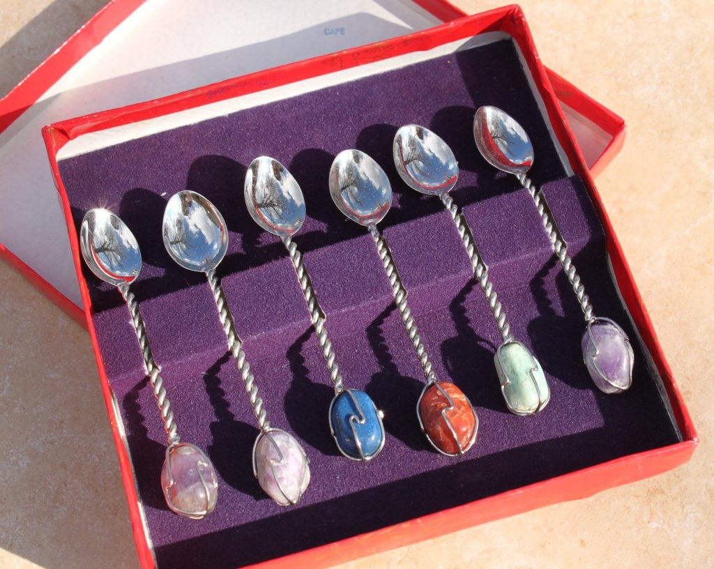 Brazilian Sylmar spoon set with semi precious stones