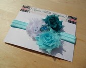 Triple Mini Teal/Aqua/White FOE Shabby Chic Rose Headband - Infant Headband - Newborn Headband - Children's Headband