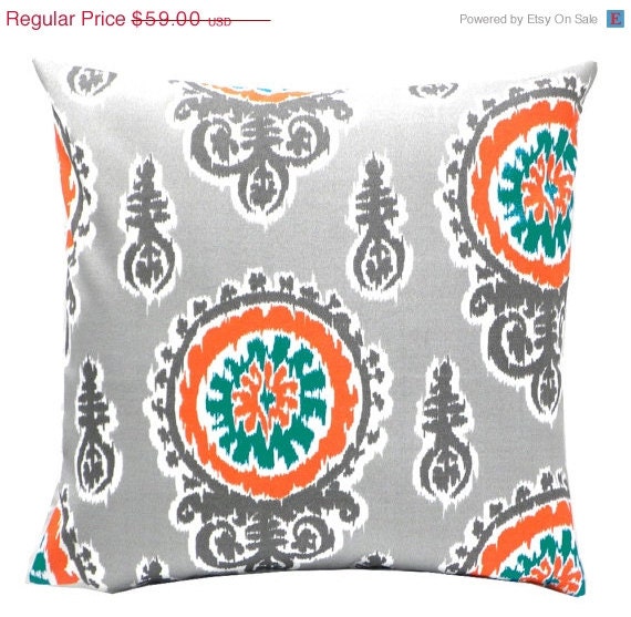Spring Sale- Outdoor Pillow Cover - Teal and Orange Medallion pillow cover- Polyester Pillow Cover - Gray Pillow cover
